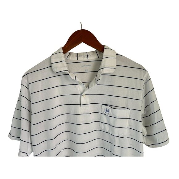B DRADDY PIMA Cotton Polo Shirt Pocket Embroidered Logo White Blue Pinstripes - - Picture 2 of 8